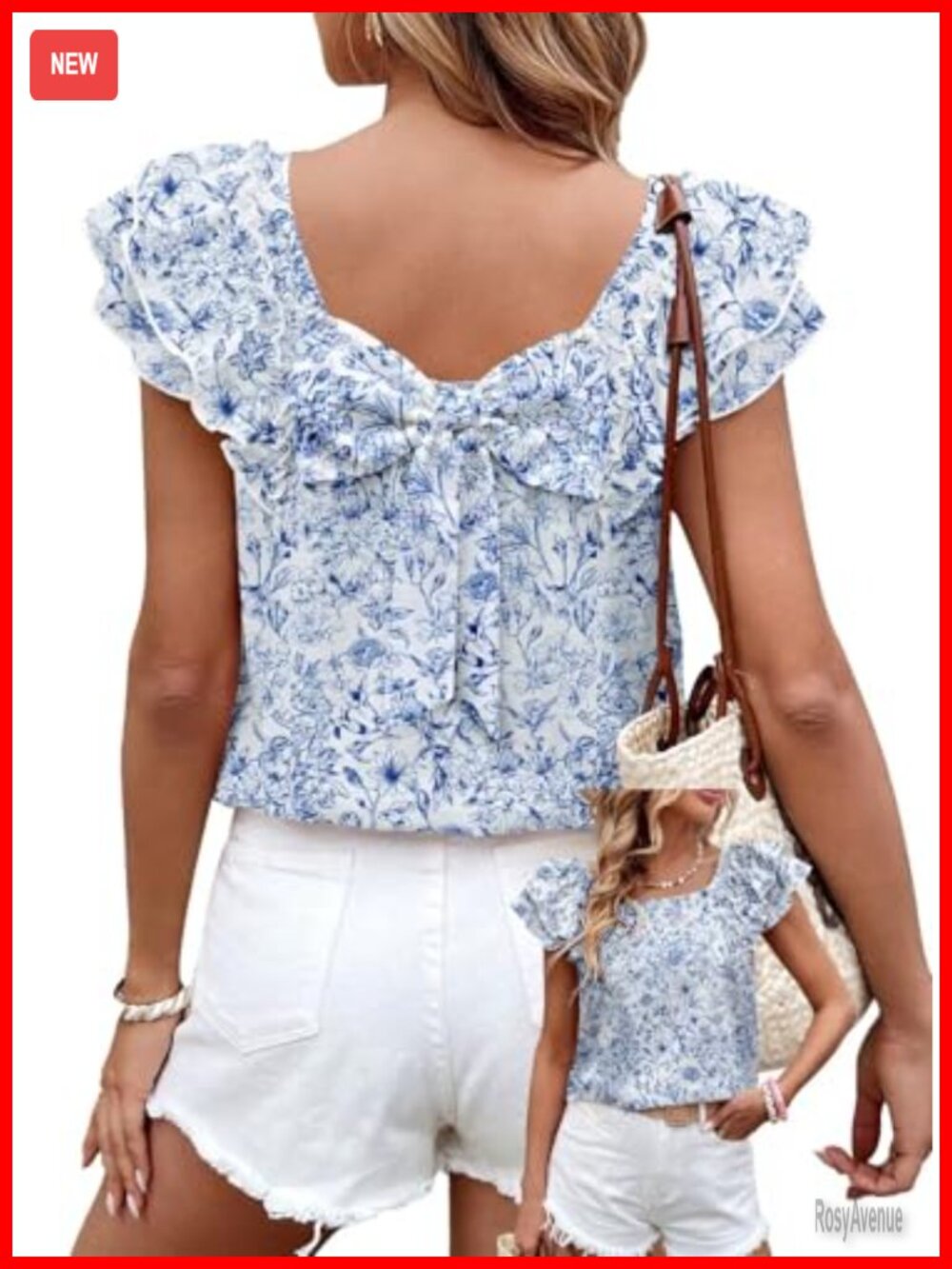Women's Bow Tie Back Babydoll Ruffle Short Sleeve Blouse, Lightweight Stretch